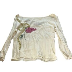 Vintage Y2K Anthropologie Cross Stitch Heart Ribbon Embellished Yellow Beige S